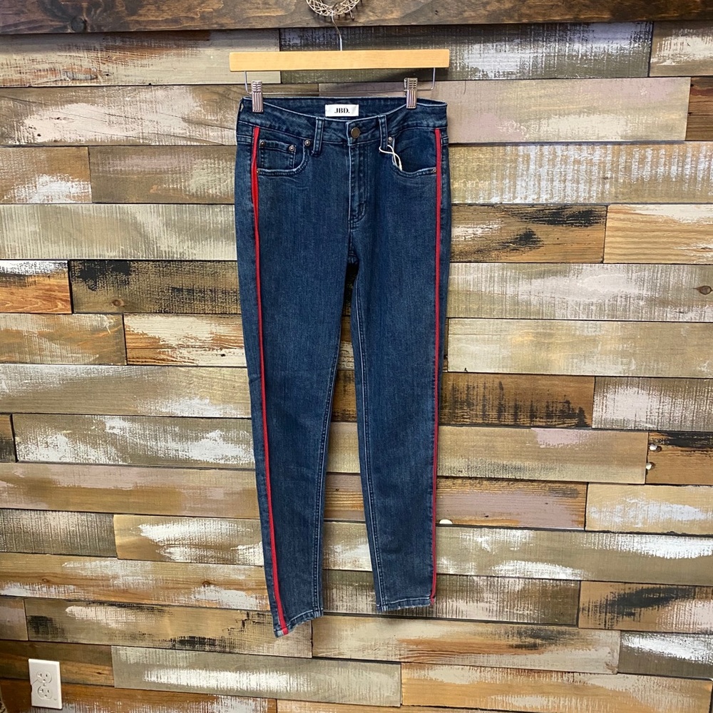 Mid Rise Skinny Jeans with Red Stripe